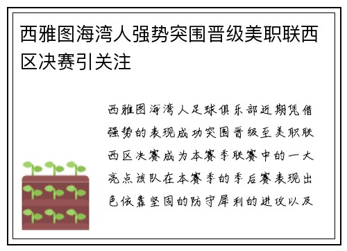 西雅图海湾人强势突围晋级美职联西区决赛引关注