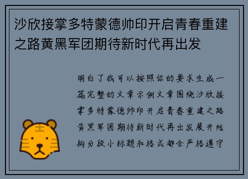 沙欣接掌多特蒙德帅印开启青春重建之路黄黑军团期待新时代再出发 沙欣接掌多特蒙德帅印开启青春重建之路黄黑军团期待新时代再出发
